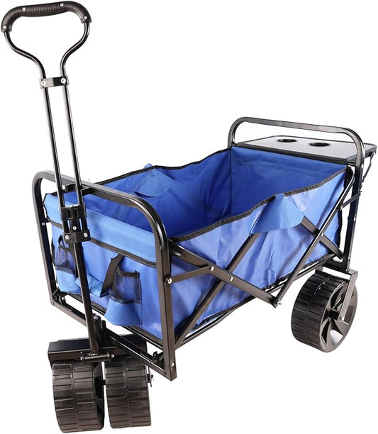 Collapsible Folding Wagon Garden Shopping Beach Cart,Heavy Duty Utility Buggy with Big Wheels,Adjustable Handle and Cup Holder,for Sand,Camping,Outdoor,40.55",Blue
