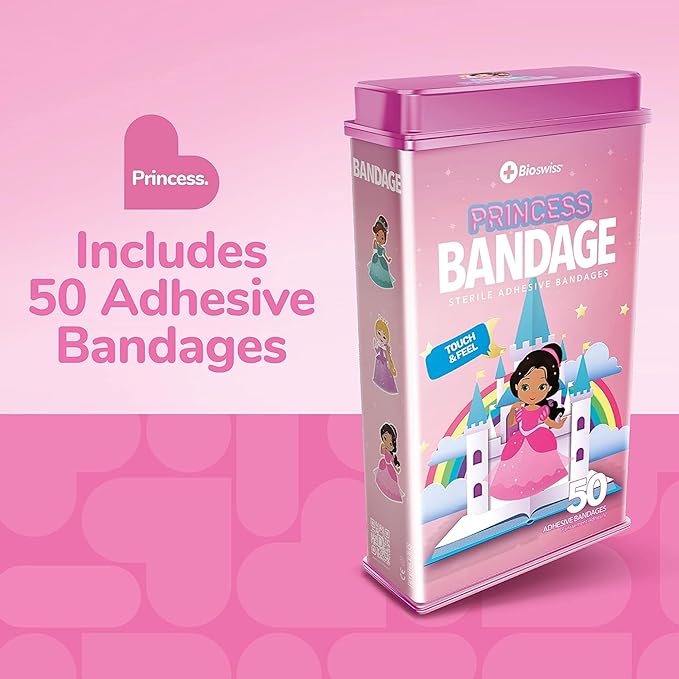 BioSwiss Bandages, Princess Shaped Self Adhesive Bandage, Latex Free Sterile Wound Care, Fun First Aid Kit Supplies for Kids, 50 Count