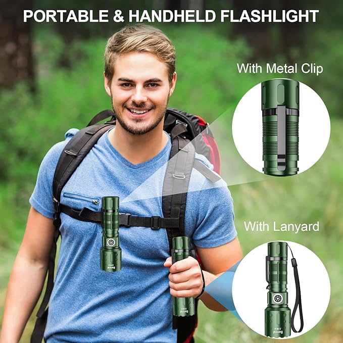 Flashlights High Lumens Rechargeable, 20,000 Lumens Super Bright 1500 Meters Long Range Small Powerful Flashlight, 6 Modes LED Tactical Pocket Waterproof Flash Light for Home Emergency (2, Green)