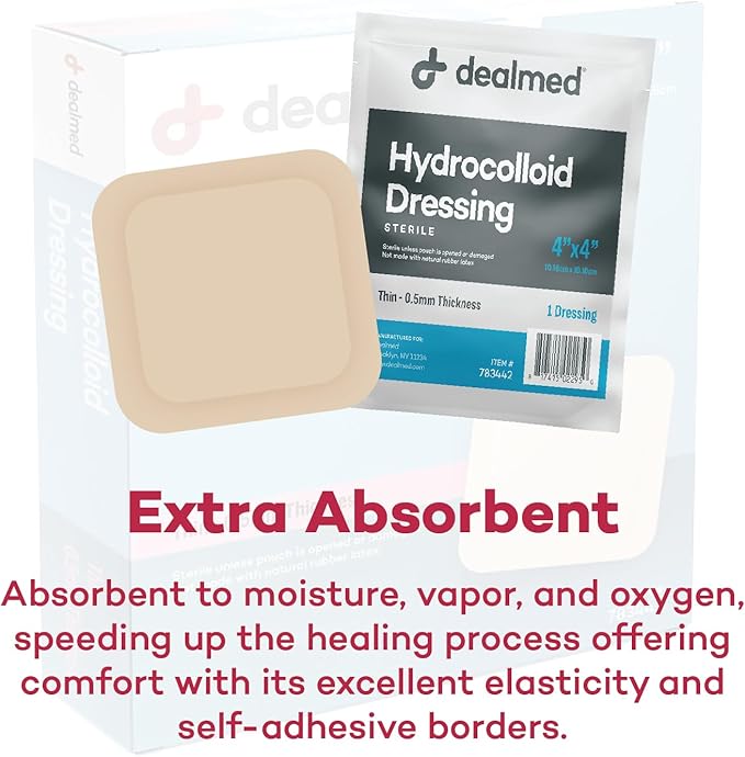 Dealmed Brand Hydrocolloid Dressing 4” x 4” Thin Bandages Wound Care for First Aid Kits Individually Packed (10/Box)