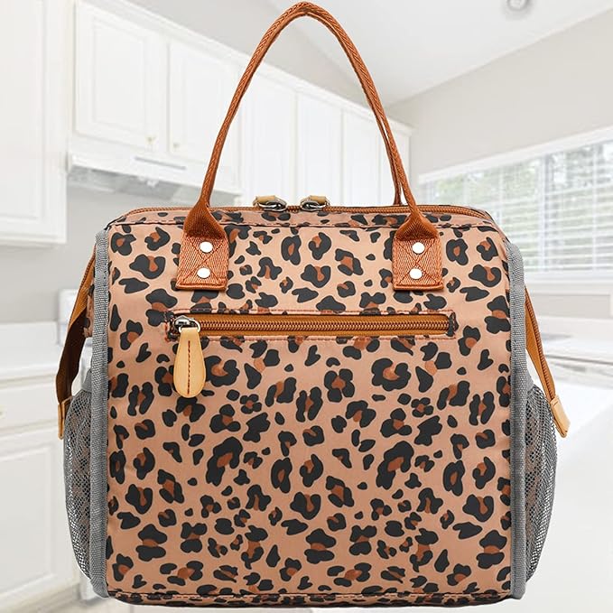 FlowFly Insulated Lunch Bag Wide-Open Lunch Box Large Tote Leakproof Cooler with Drink Holder and Multi Pockets for Women Men Adult Kids Work Picnic Travel Beach Hiking, Leopard