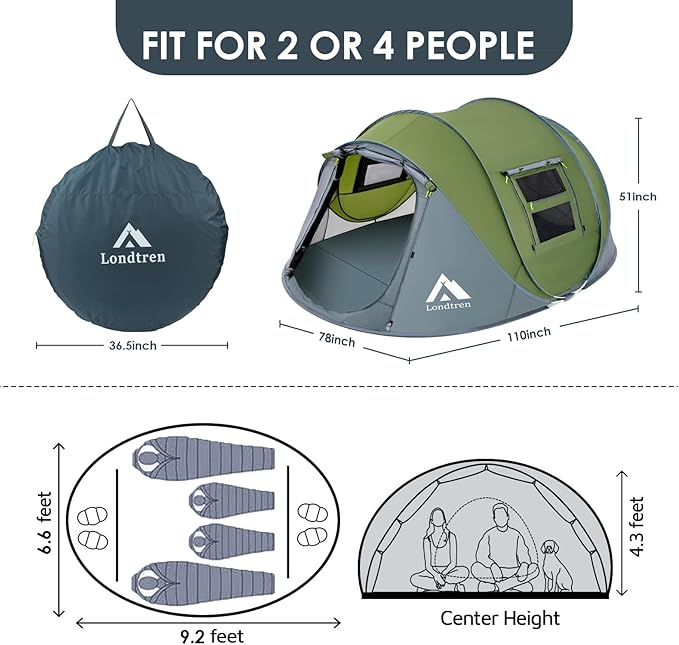 4 Person Easy Pop Up Tent Waterproof Automatic Setup 2 Doors-Instant Family Tents for Camping Hiking & Traveling