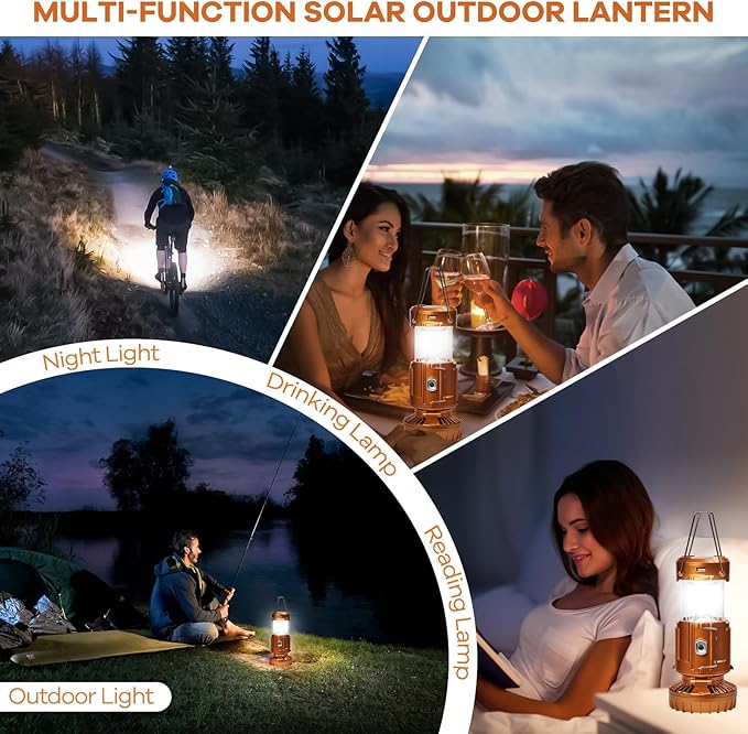 Camping Lanterns with Fan,Solar Camping Fan Charging for Phone, Rechargeable LED Lanterns Camping Fans for Tents Power Outage Hurricanes Camping Gear(Gold)