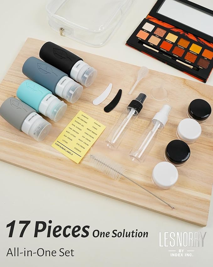 17-Pack Triple-Sealed Unique Leak-Proof Design Premium Silicone Travel Bottles for Toiletries TSA-Approved Transparent Carry Bag Easy-to-Read Labels for Business Trips/Camping/Adventure