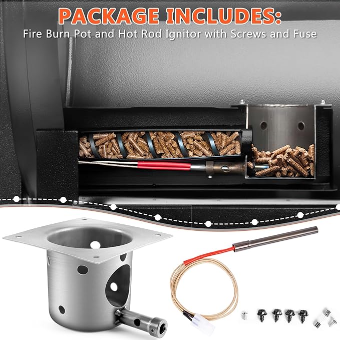 QuliMetal Fire Burn Pot and Hot Rod Ignitor Kit Replacement Parts for Traeger and Pit Boss Pellet Grills - Heavy Duty Fire Pot and Hot Rod/Grill Igniter with Ash Remover, Screws and Fuse