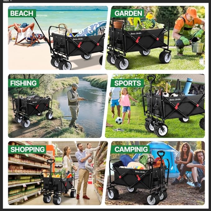 BEAU JARDIN Collapsible Folding Beach Wagon 460lbs Heavy Duty 300L Foldable Utility Garden Grocery Cart with Big All-Terrain Beach Wheels & Drink Holders for Camping Sports Black