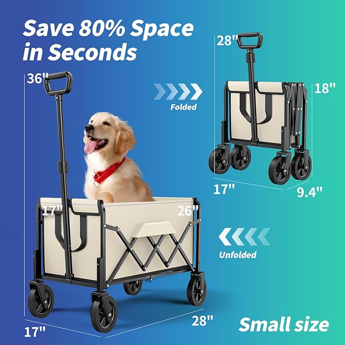 Small Collapsible Wagon with Wheels, Foldable Carts with 200lbs Load Capacity, Dog Wagon, Utility Shopping Cart for Groceries, Sports, Camping, Garden, Fishing, White