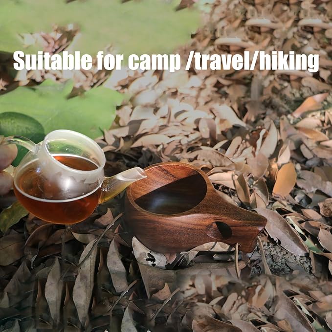 Coffe Mug Portable Wooden Camp Cup with Handle Kuksa Handmade Cool Hot Drinking Viking Mug Unique Natural Wood Grain for Outdoor Travel Hiking Men Women