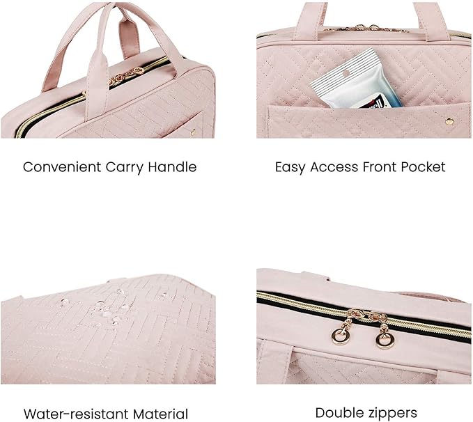 BAGSMART Toiletry Bag Travel Bag with Hanging Hook, Water-resistant Makeup Cosmetic Bag Travel Organizer for Accessories, Shampoo, Full-size Container, Toiletries (Baby Pink, Medium)