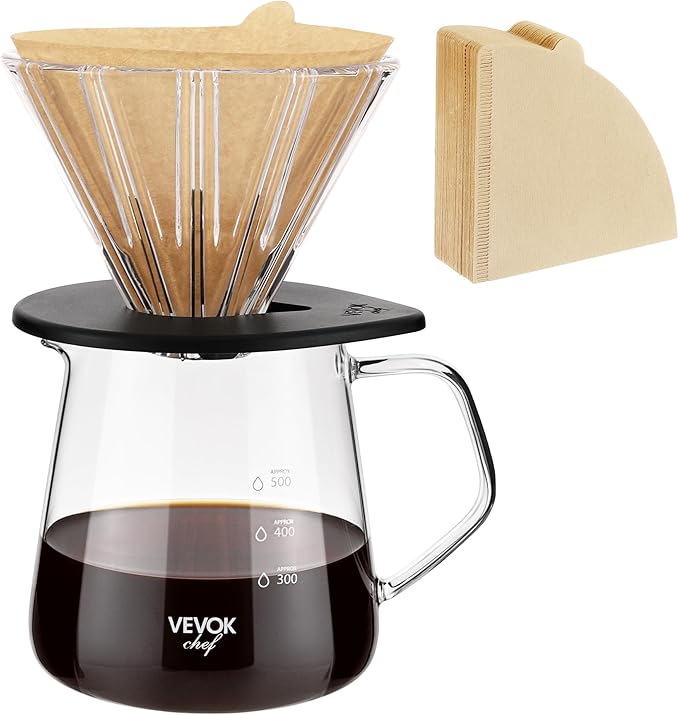 VEVOK CHEF Pour Over Coffee Maker Set, 20 Oz Borosilicate Glass Server Carafe and Glass Coffee Dripper with 100pcs Cone Paper Filter, Hand Coffee Brewer for Home, Camping, Outdoor