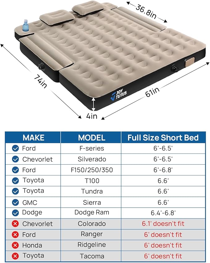 JOYTUTUS Truck Bed Air Mattress for 6.4-6.7Ft with Built-in Air Pump, Full Size Inflatable Mattress Short Beds for Outdoor Camping,with Carry Bag&Cup Holder
