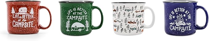 Camco Life is Better at The Campsite Ceramic Coffee Mug 4-Pack - Microwave and Dishwasher Safe - Features Camping & RVing Designs - Coffee Cups Holds 14oz. (53357)
