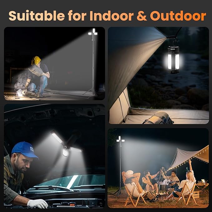 CAVN Rechargeable 10000mAh Camping Lights with Stand 6.5 ft Max Height, Portable Cordless LED Work Light 2200 Lumens 6500/4500/3500K Dimmable Camping Essentials Gear with Detachable Tripod, Black
