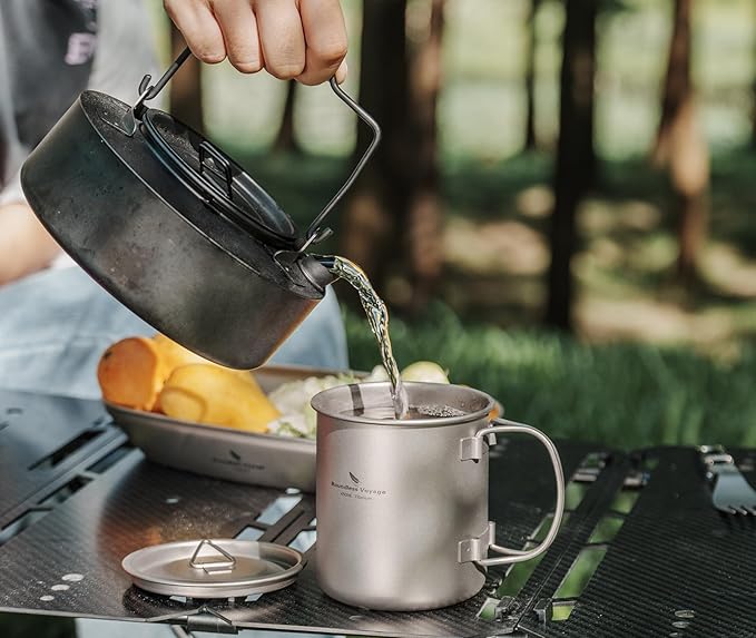 iBasingo 450ml Titanium Mug with Lid Tea Coffee Water Cup Outdoor Camping Pot Ultra-light Portable Hiking Backpacking Cooking Kit Picnic Tableware Drinkware with Foldable Handle Ti3026D
