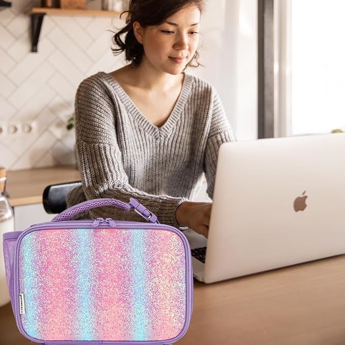Insulated Lunch Box for School, Thermal Reusable Durable Freezable Lunch Bags for Kids Boys Girls Men Women - Small Soft Cooler Portable Lunch Tote Kit for Work Picnic Travel,Purple Glitter