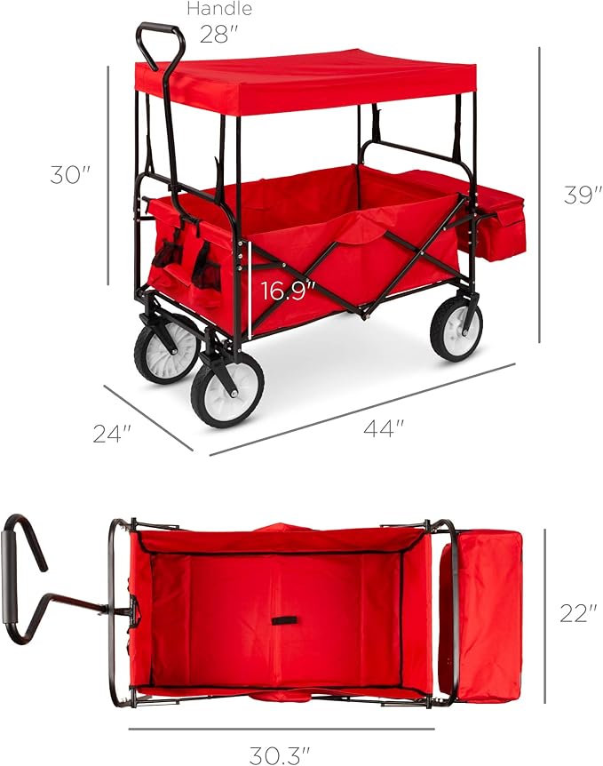 Best Choice Products Collapsible Folding Outdoor Utility Wagon with Canopy Garden Cart for Beach, Picnic, Camping, Tailgates w/Removable Canopy, Detachable Pockets, 150lb Weight Capacity - Red