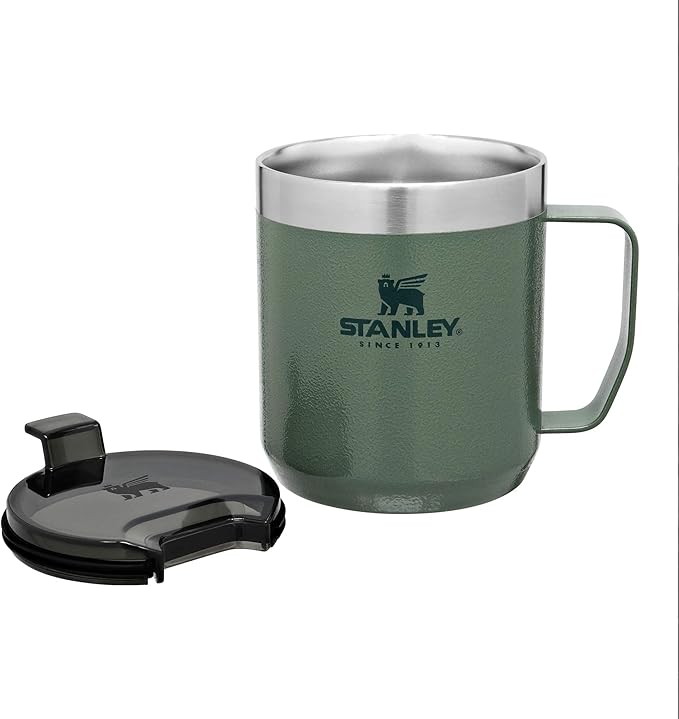 Stanley Stay-Hot Camp Mug 12 oz | Press Fit Drink Through Lid | Cup for Coffee, Tea and Drinks | Insulated Stainless Steel Coffee Mug | BPA-Free | Hammertone Green