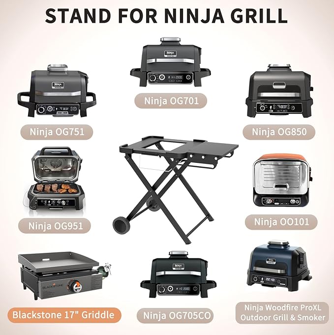 Apromise Grill Stand for Ninja Woodfire OG700/OG800/OG900 Series, Pro XL, and OO101 Pizza Oven, Compatible with Blackstone 17" Griddle, Portable Outdoor Grill Table with Wheels & Side Shelf
