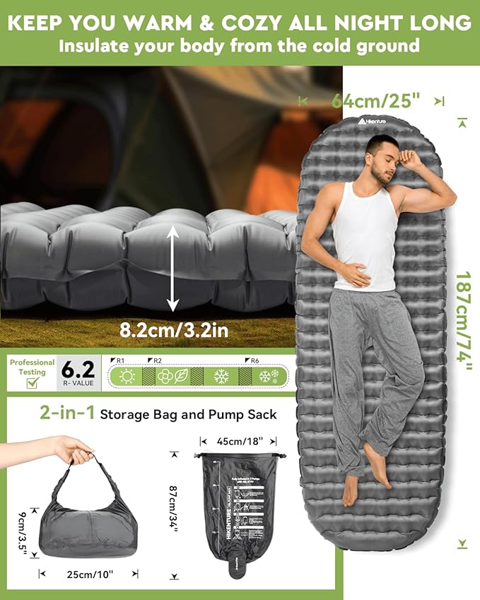 Hikenture Sleeping Pad R-Value 6.2 Insulated Camping Mattress for Cold Weather with Pump Sack(1201-A1)