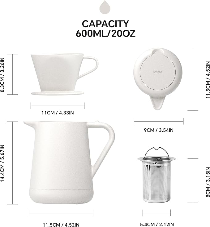 Ideus Insulated Pour Over Coffee Maker 20oz, Stainless Steel Coffee Pot Pour Over Set Camping Coffee Carafe BPA-Free with Dripper for Home, Office & Camping (White)