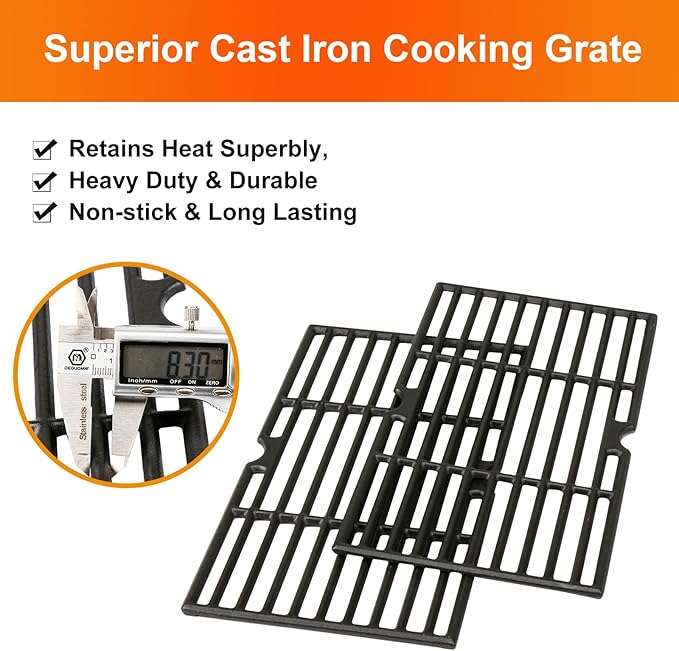 Hisencn Grill Cooking Grates for Char Griller Charcoal Grill 1624 E1515 22424 1515 1224 1616 Smoker Box, Side Fire Box, Cast Iron Grill Grid Replacement Parts 2-Pack