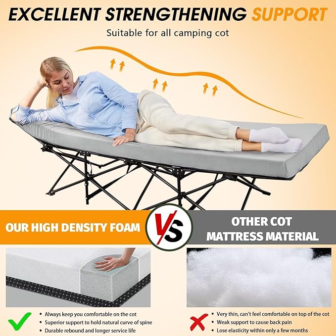 CYMULA Camping Cot Mattress 2in Memory Foam Sleeping Pad,Soft Warm Non-Slip Camping Mattress Topper with Retaining for Adults,Portable Roll up Pad for Travel(75 x30)(only Mattress)