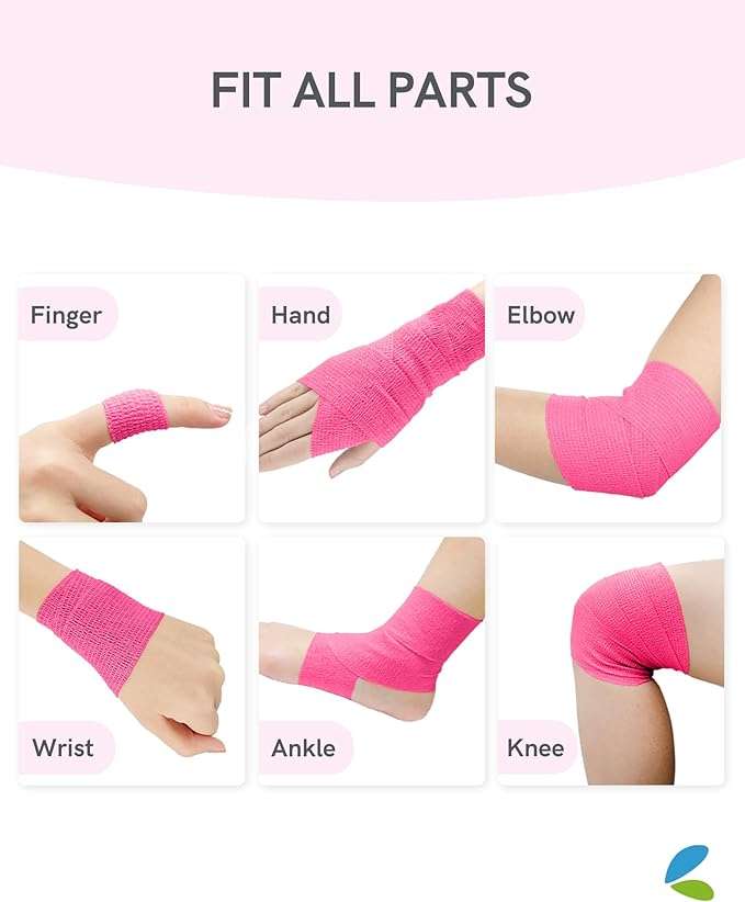 FriCARE Self Adhesive Bandage Wrap, Medical Tape in First Aid Kit, Cohesive Bandages for Wounds Sport Vet, FSA/HSA Eligible, 2 Inches X 5 Yards 6 Rolls, Pink