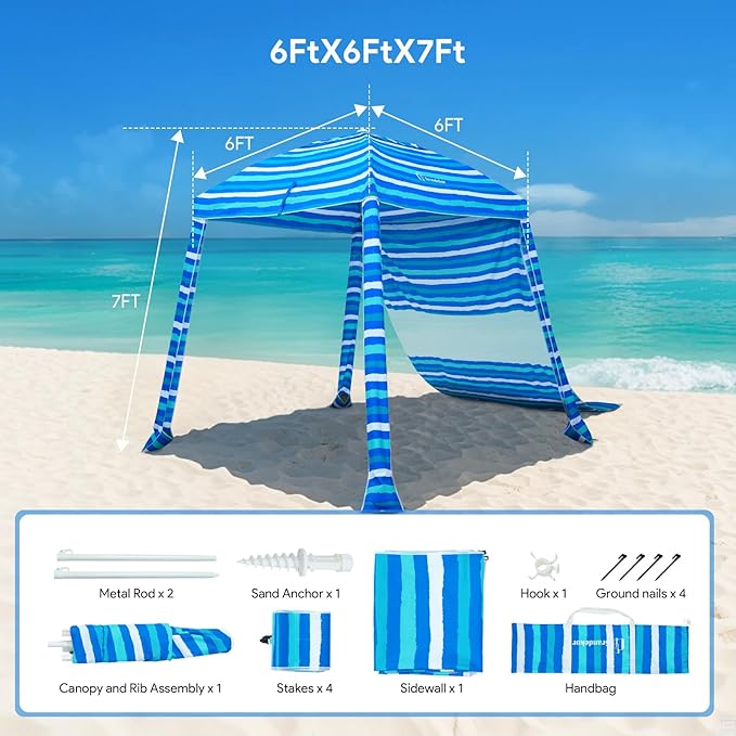 Grandekor 6'x6' UPF 50+ Beach Cabana Canopy Tent Instant Setup Sun Shelter with Sidewalls Sand Anchors Hanging Hooks for Family Beach Trips Outdoor Shade Shelter with Windproof Sand Pockets