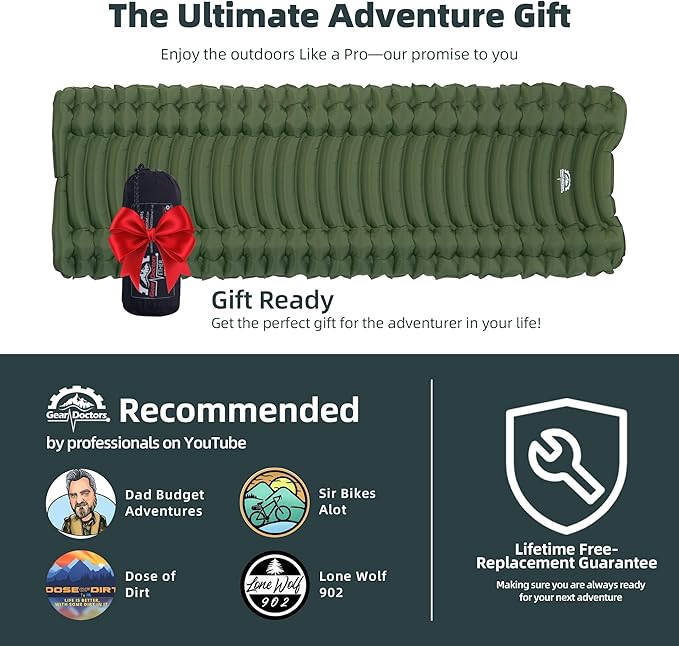 GearDoctorsยฎ Ether Ultralight Sleeping Pad 17.5oz โ Compact Camping Air Mattress โ Inflatable Sleeping Mat for Backpacking, Hiking, Tent, Outdoor Travel