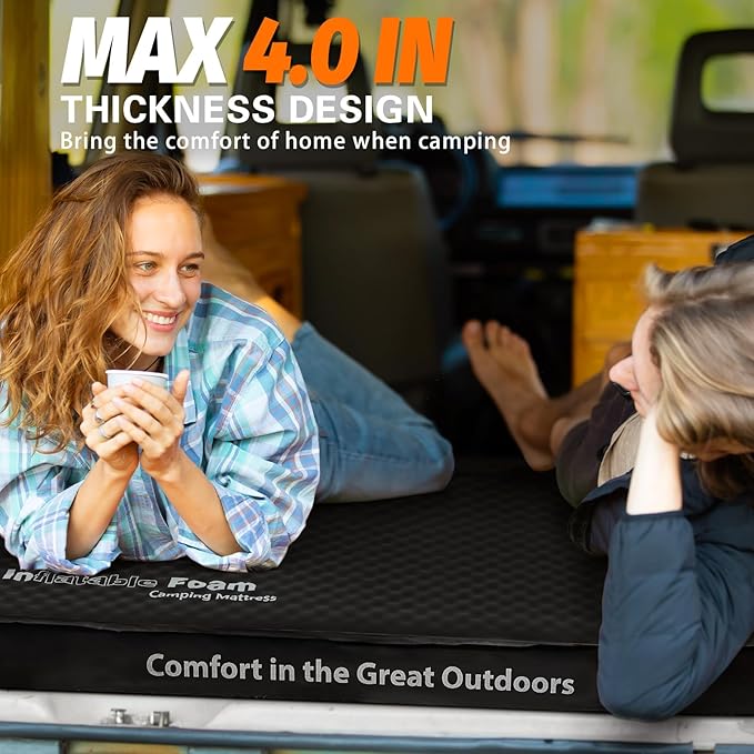 CYMULA Self Inflating Double Sleeping Pad, 4in Ultra-Thick Foam Camping Mattress 2 Person with Air Pump Sack,Camping Beds for Adults Inflatable Sleeping Mat Camping Essentials for Travel, Tent, Black