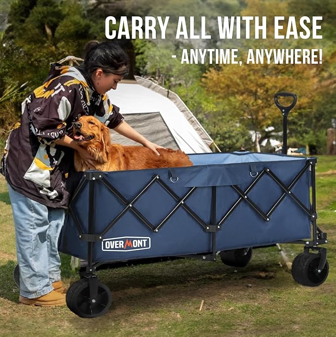 Overmont 45'' Collapsible Foldable Extended Wagon Cart - 300L Heavy Duty 440lbs Large Capacity Folding Utility Wagon with All-Terrain Wide Wheels for Camping Sports Grocery Picnic