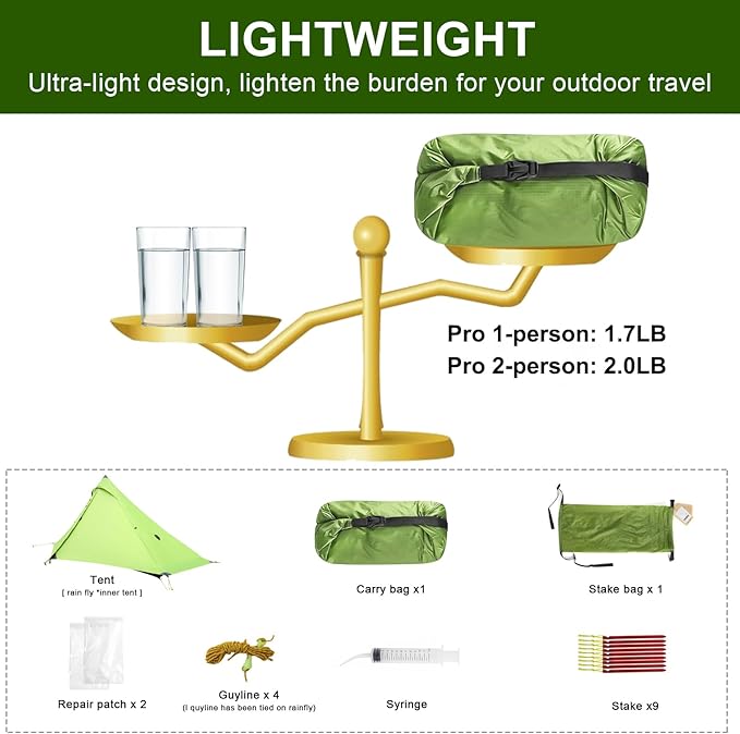 3F UL Gear Lanshan PRO Lanshan Ultralight Tent 3 Season Backpacking Tent for 1 Person, Waterproof Professional Tents for Camping, Trekking, Kayaking, Climbing, Hiking