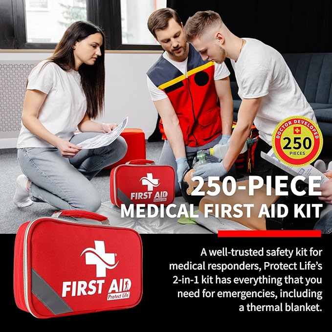 Protect Life First Aid Kit for Home/Business, HSA/FSA Eligible Emergency Kit - Medical First Aid Kit - Camping First Aid Kit Hiking - 250pcs
