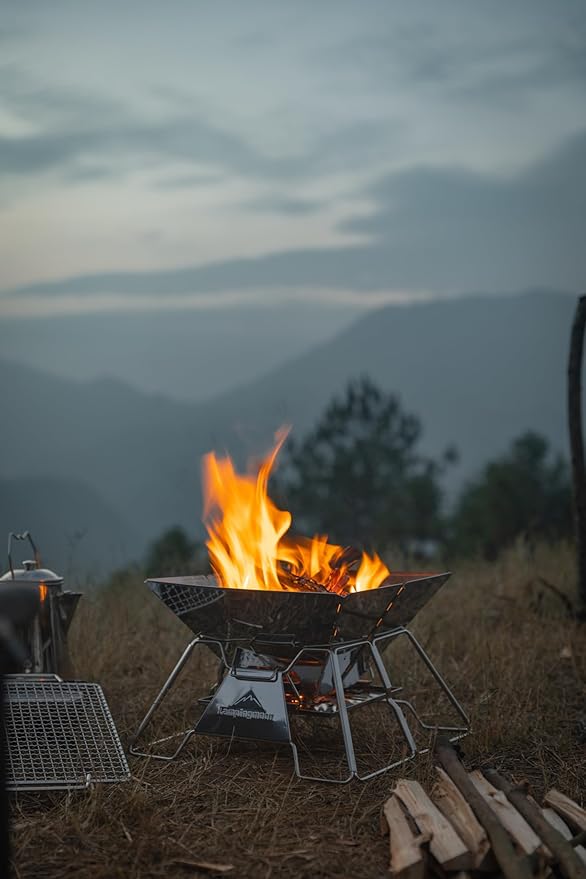 CAMPINGMOON Stainless Steel Foldable Camping Grills Portable Wood Burning Charcoal Grill 14-inch with Carrying Bag MT-2