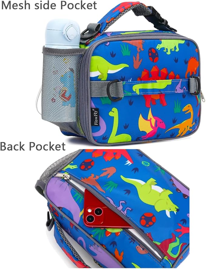 FlowFly Kids Lunch Bag, Durable Insulated School Lunch Box with Shoulder Strap and Bottle Holder, Water-resistant Thermal Small Lunch Cooler Tote for Teen Boys & Girls,Dinosaur