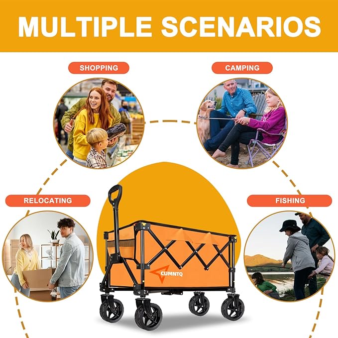 Collapsible Wagon Cart with Wheels, Heavy Duty Foldable Wagon Cart with 230lbs Weight Capacity, Utility Beach Wagons Portable for Outdoor, Grocery, Camping, Shopping, Orange
