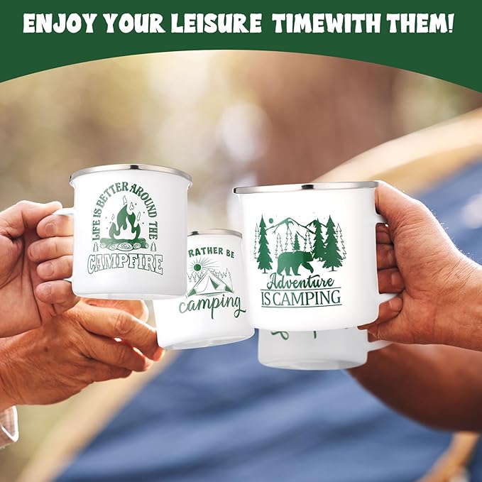 Pickmesh 6 Pcs Camping Mugs Enamel Cups 12oz Coffee Cups with Handle Camping Gifts for Outdoor Hiking Backpacking Lovers(Elegant Style)