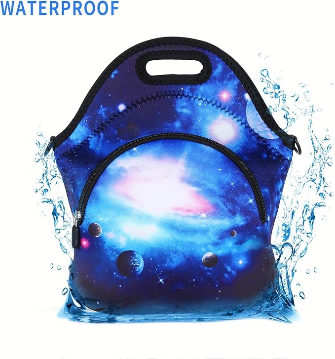 Violet Mist Womens Neoprene Insulated Galaxy Space lunch Bag Lunch Tote Bag Thermal Lunch Box with Extra Pocket Detachable Adjustable Shoulder Lunchbox Food Handbags Gift for Women Men Blue Star Sky