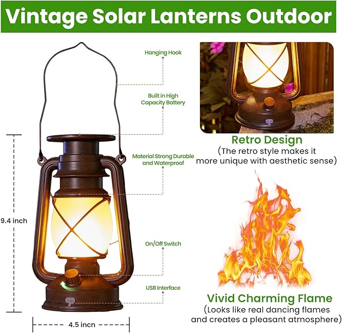 KOOPER Solar Lantern Outdoor Lights, Vintage Flickering Flame Solar Lanterns Lights Outdoor Waterproof, Hanging Outdoor Solar Lanterns Lights, Rechargeable Lantern for Yard Garden Table Decor 2 Pack