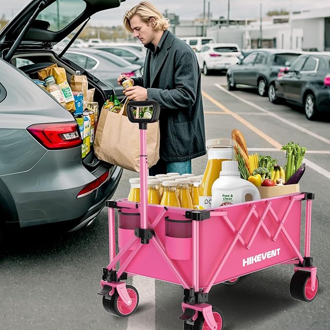 Collapsible Wagon Cart Foldable, 360LBS Heavy Duty Beach Wagon with Wider Wheels, Utility Grocery Shopping Cart for Garden, Camping, Sports, Pink