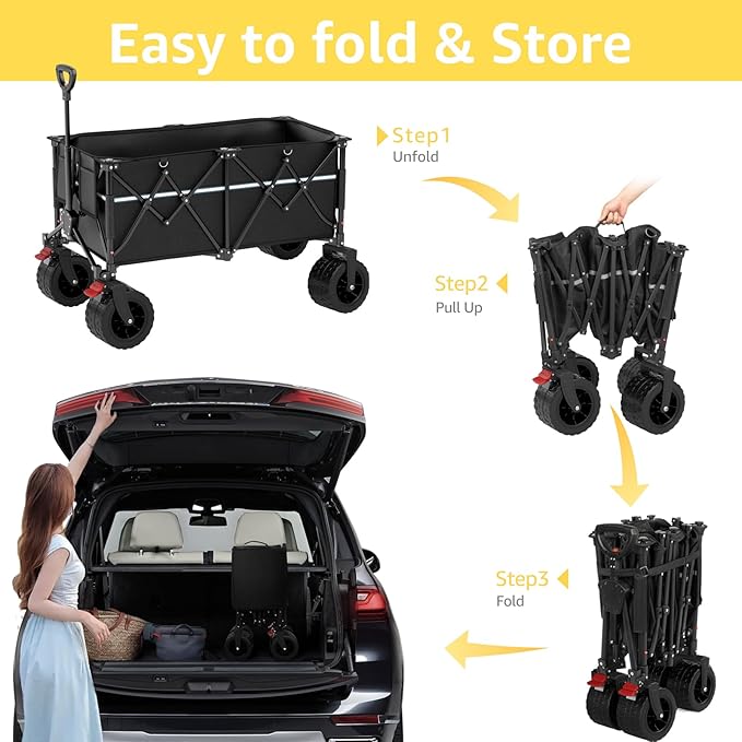 Large Beach Collapsible Wagon Cart with Wheels - Foldable Wagons 260L Heavy Duty 500lbs, Wagon with Big Wheels for Sand Folding Utility Wagons Carts for Sports Shopping Camping