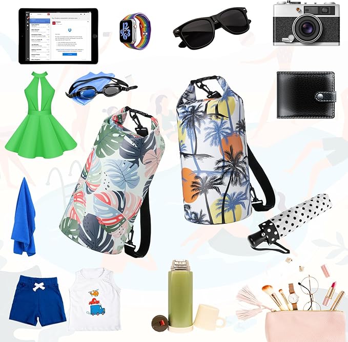 2 Pcs Waterproof Floating Dry Bag 10l Floating Dry Sack for Man Women Roll Top Waterproof Backpack for Rafting Boating Swimming Kayaking Hiking(Coconut Tree Palm Leaf)