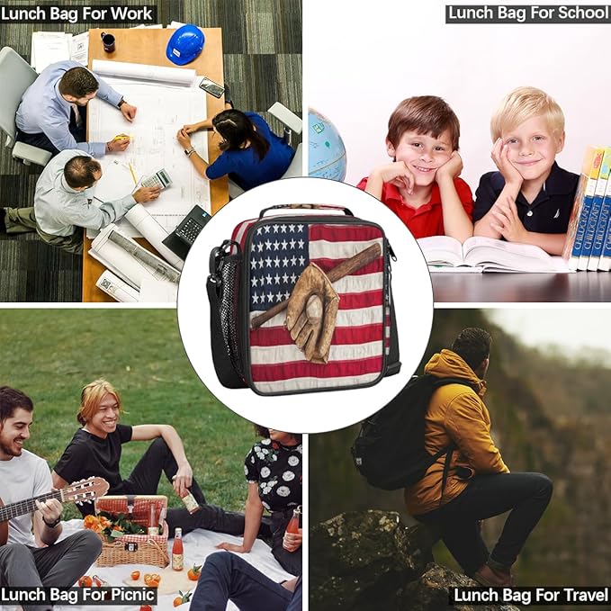 Baseball Usa Flag Insulated Lunch Bag for Girls Boys Teen Reusable Lunch Box with Shoulder Strap Freezable Thermal Cooler Bag Meal Prep Boxs for School Travel Picnic Beach Lunch Pail