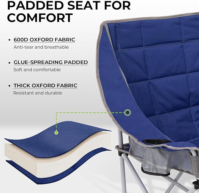 FUNDANGO Oversized Double Camping Chair, 2 Person Folding Padded Loveseat for Adults,660lbs Heavy Duty Chair with Arm Cup Holder for Outdoor Patio Lawn Camp with Carry Bag (Blue)