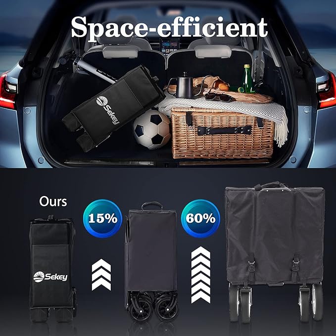 Sekey 220L Collapsible Foldable Wagon with 330lbs Weight Capacity, Heavy Duty Folding Utility Garden Cart with Big All-Terrain Beach Wheels & Drink Holders. Black