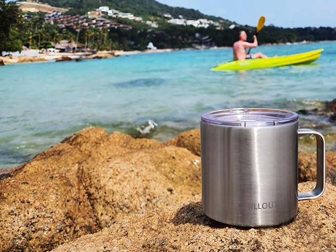 CHILLOUT LIFE Stainless Steel 16 oz Vacuum Insulated Coffee Mug with Handle and Lid, Large Thermal Camping Coffee Mug Cup with Durable Sliding Lid for Men & Women, Keeps your Beverages Hot & Cold