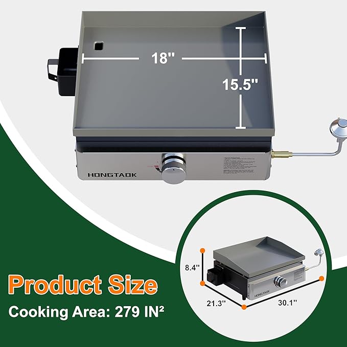 18 Inch Portable Propane Gas Grill with Stainless Steel Front Plate, Propane Table Top Griddle for Outdoor, Cooking, BBQ, Camping