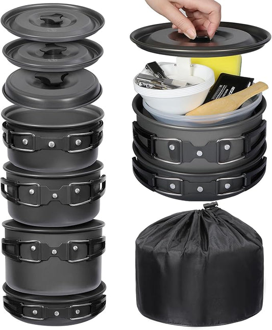 REDCAMP 12/14/15/19 PCS Camping Cookware Mess Kit Camping Gear Campfire Utensils Lightweight Stackable Pot Pan Bowls Soup Spoon with Storage Bag for Camping, Backpacking, Outdoor Cooking, Picnic