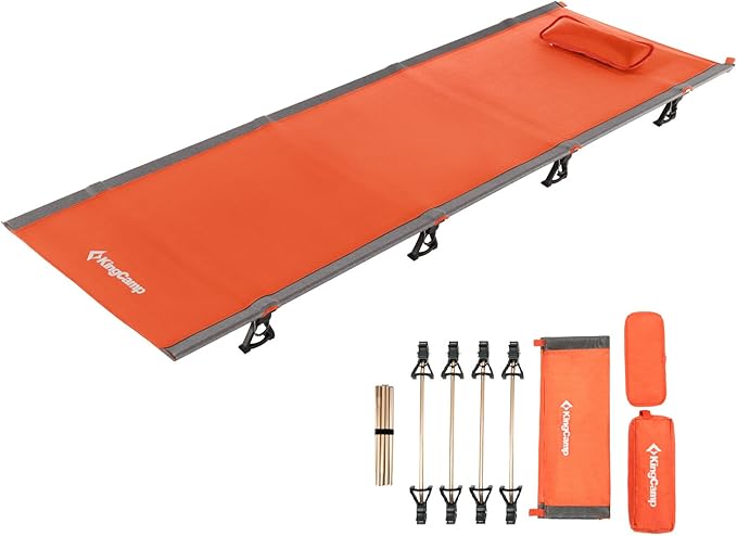 KingCamp Ultralight Camping Cot, Portable Folding Cots 265lbs Heavy Duty Sleeping Bed with Pad Pillow for Adults Outdoor Backpacking Travel Hiking, Orange