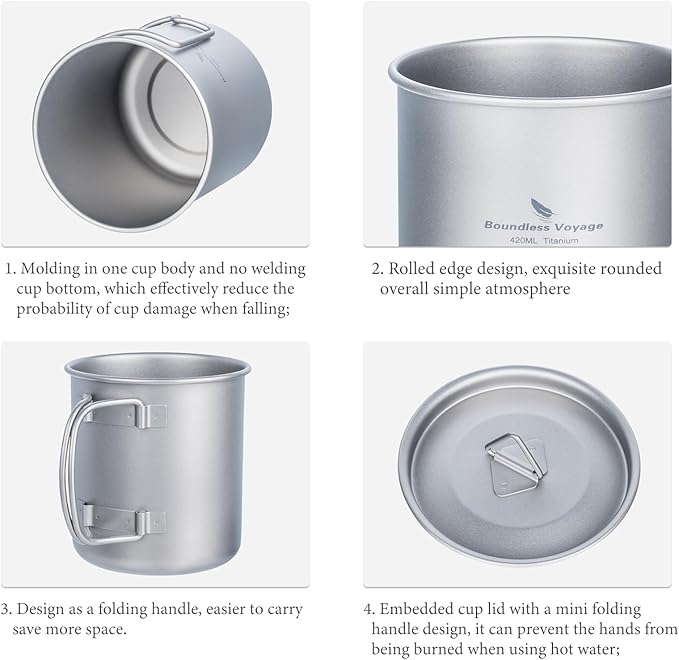 iBasingo 450ml Titanium Mug with Lid Tea Coffee Water Cup Outdoor Camping Pot Ultra-light Portable Hiking Backpacking Cooking Kit Picnic Tableware Drinkware with Foldable Handle Ti3026D
